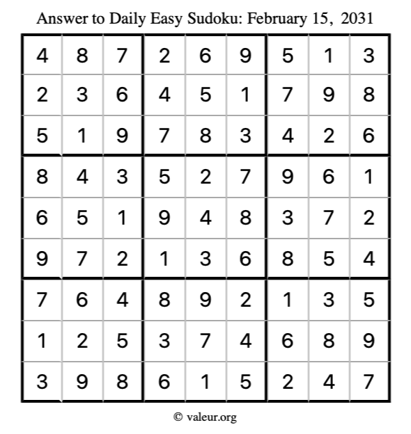 Answer to easy sudoku February 15, 2031