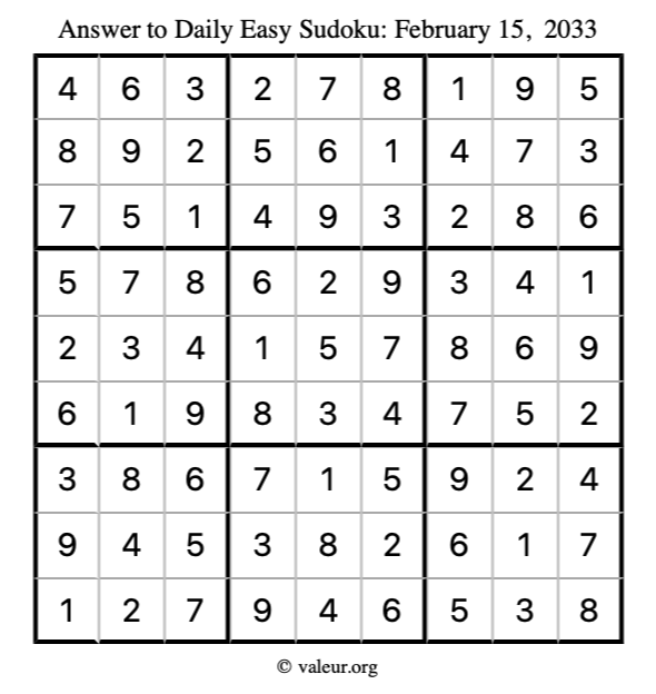 Answer to easy sudoku February 15, 2033