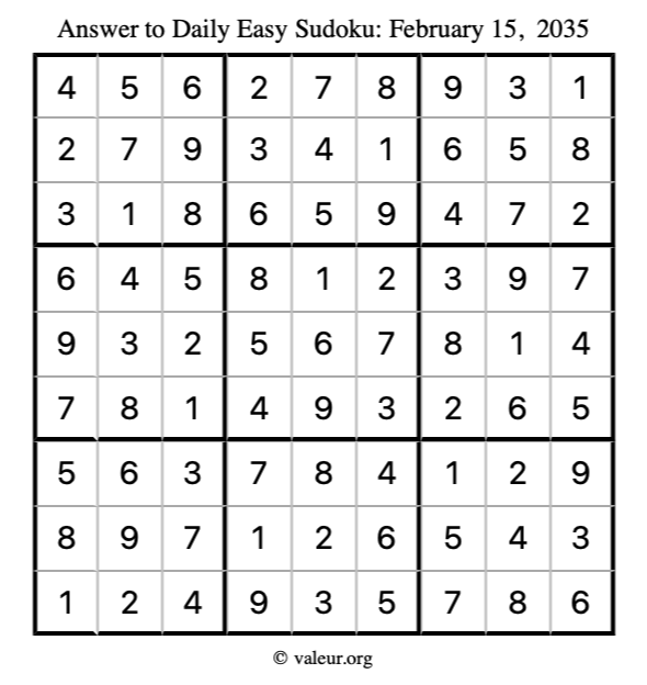 Answer to easy sudoku February 15, 2035