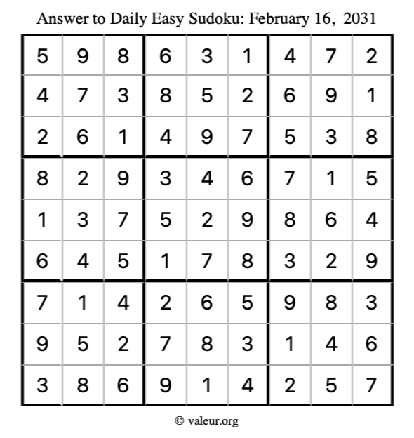 Answer to easy sudoku February 16, 2031