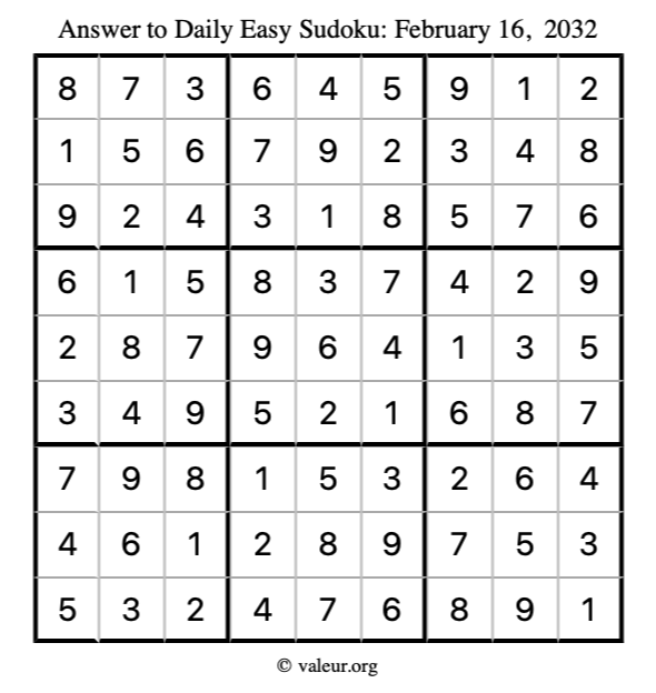 Answer to easy sudoku February 16, 2032