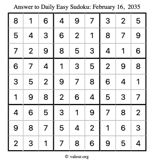 Answer to easy sudoku February 16, 2035