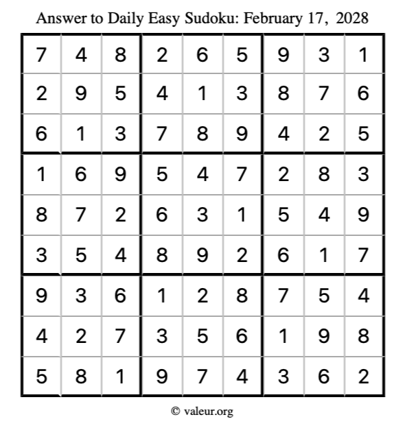 Answer to easy sudoku February 17, 2028