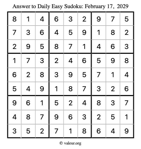 Answer to easy sudoku February 17, 2029