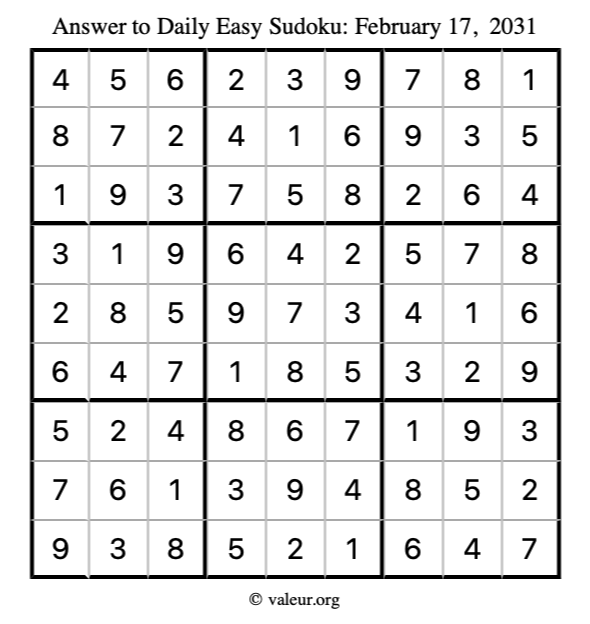 Answer to easy sudoku February 17, 2031
