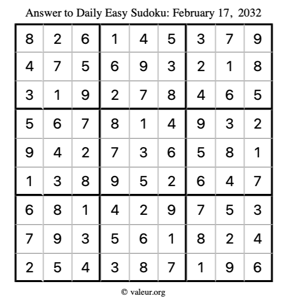 Answer to easy sudoku February 17, 2032
