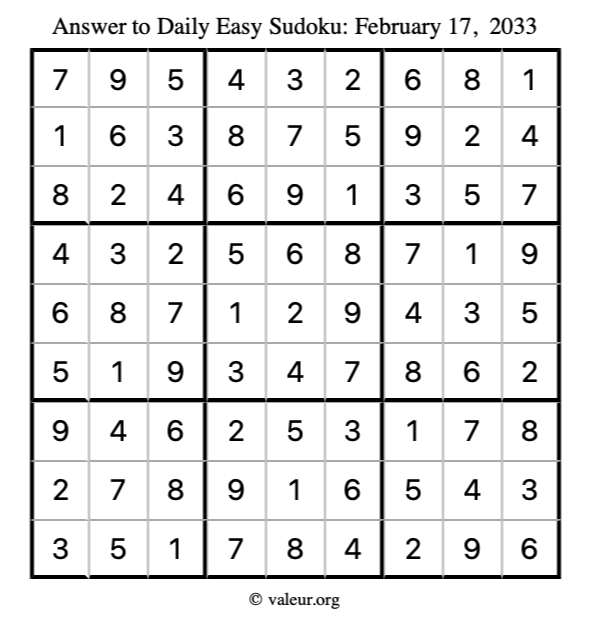 Answer to easy sudoku February 17, 2033