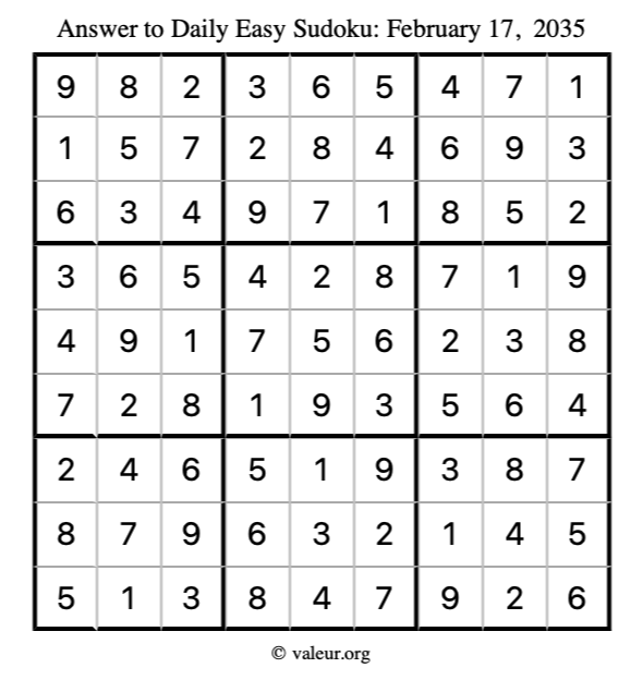 Answer to easy sudoku February 17, 2035
