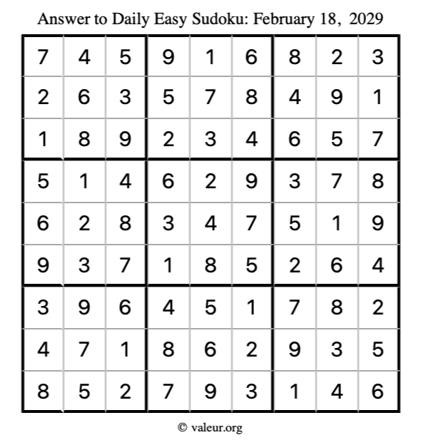 Answer to easy sudoku February 18, 2029