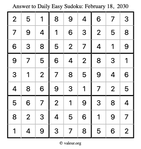 Answer to easy sudoku February 18, 2030