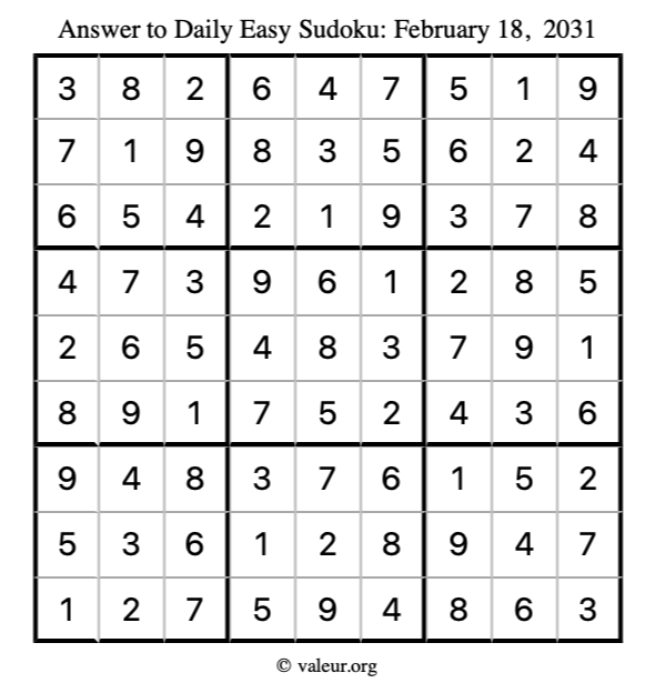 Answer to easy sudoku February 18, 2031