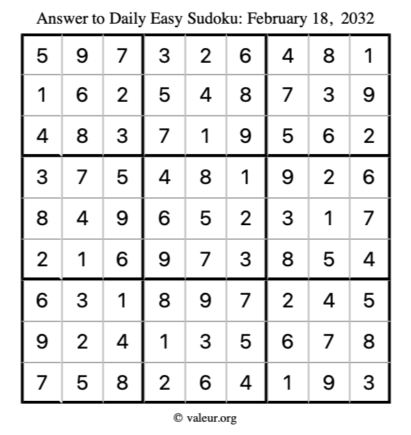 Answer to easy sudoku February 18, 2032