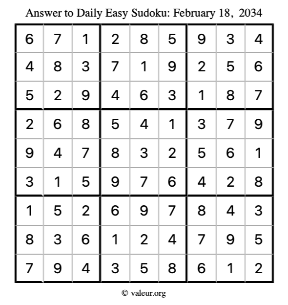Answer to easy sudoku February 18, 2034