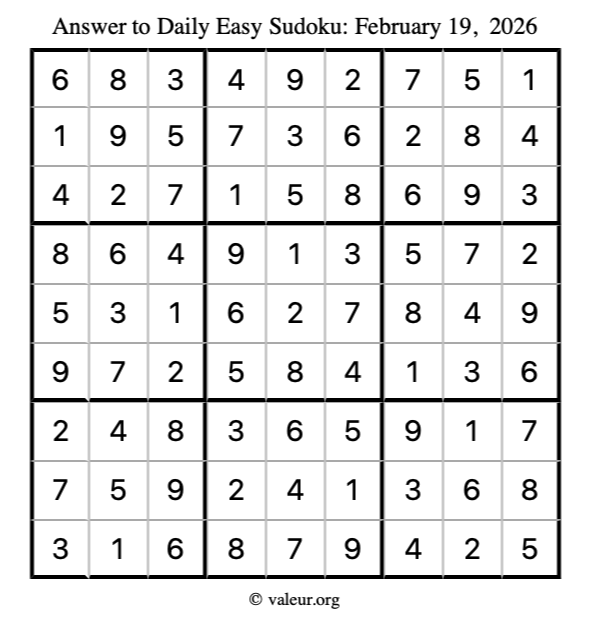 Answer to easy sudoku February 19, 2026