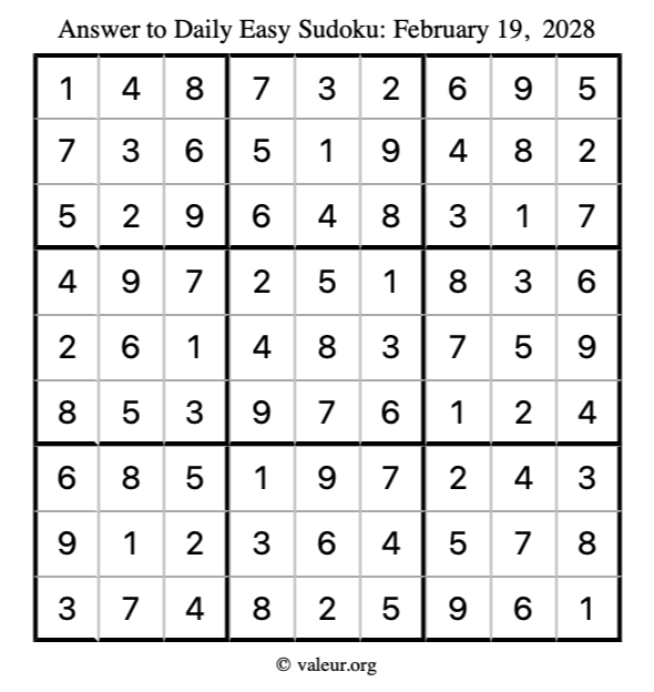 Answer to easy sudoku February 19, 2028