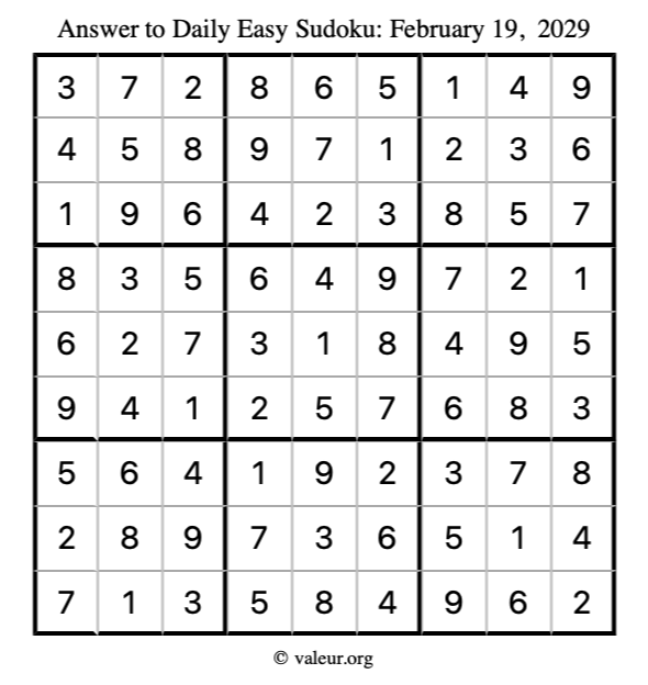 Answer to easy sudoku February 19, 2029