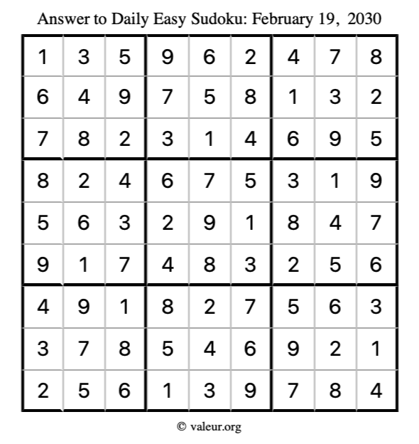 Answer to easy sudoku February 19, 2030