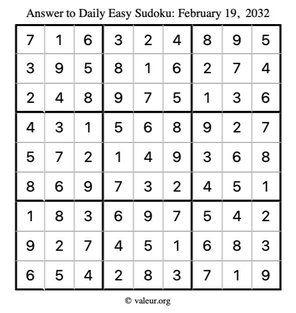 Answer to easy sudoku February 19, 2032