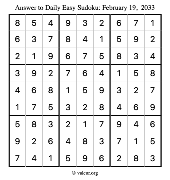 Answer to easy sudoku February 19, 2033