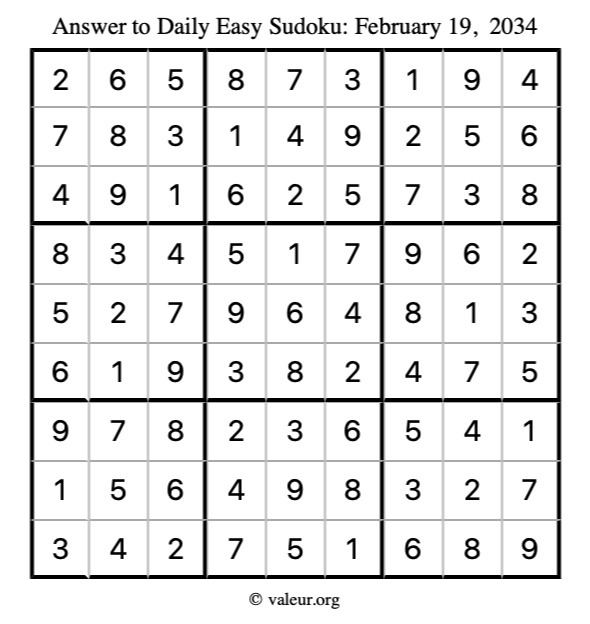 Answer to easy sudoku February 19, 2034