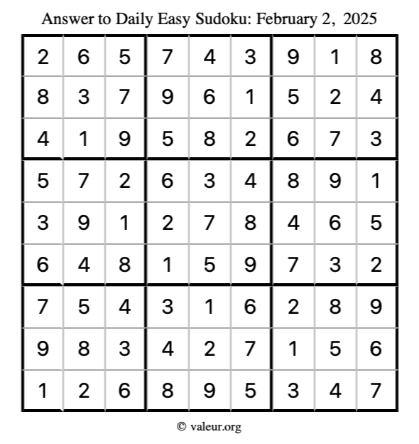 Answer to easy sudoku February 2, 2025