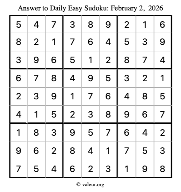 Answer to easy sudoku February 2, 2026