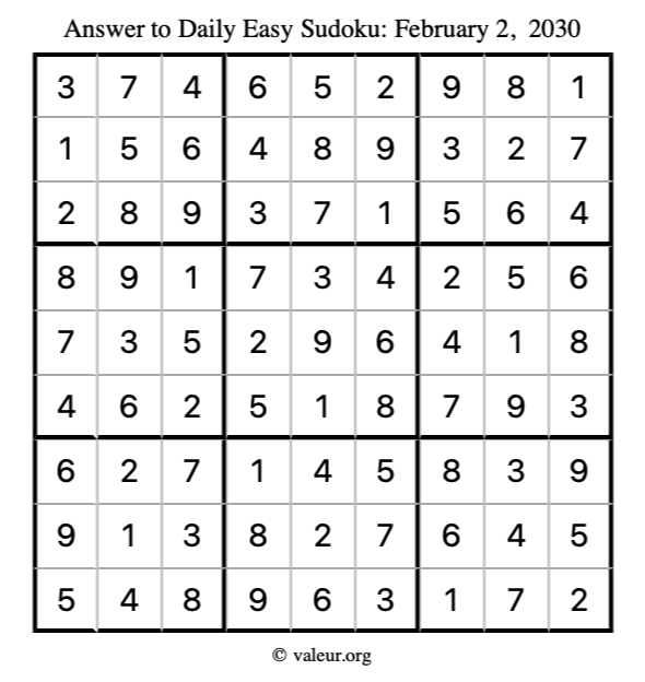 Answer to easy sudoku February 2, 2030