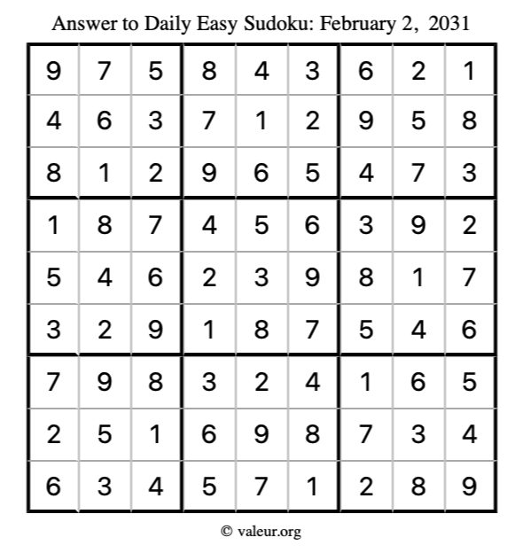 Answer to easy sudoku February 2, 2031