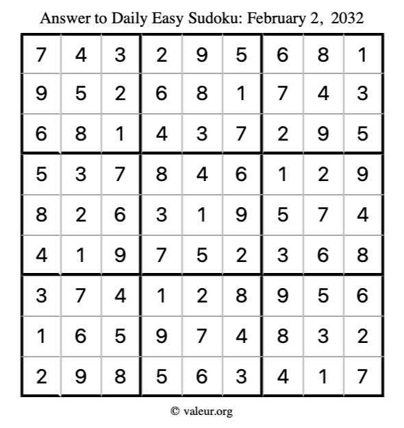 Answer to easy sudoku February 2, 2032
