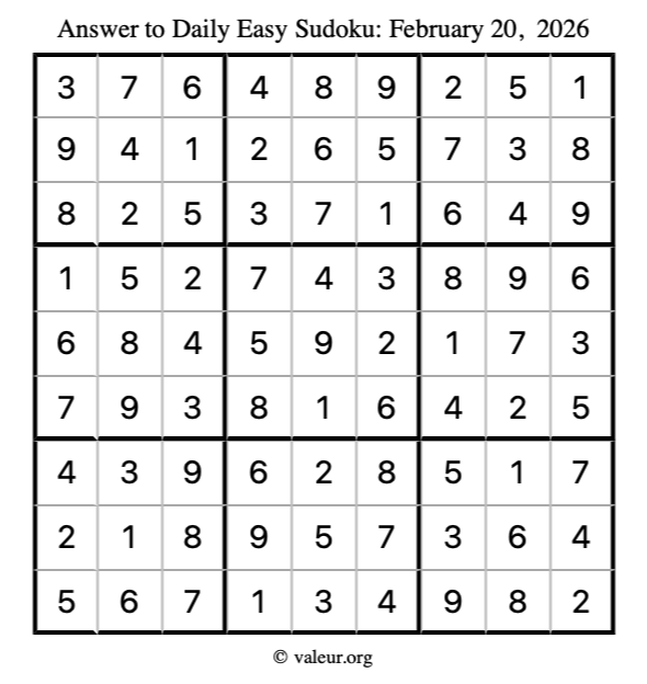 Answer to easy sudoku February 20, 2026
