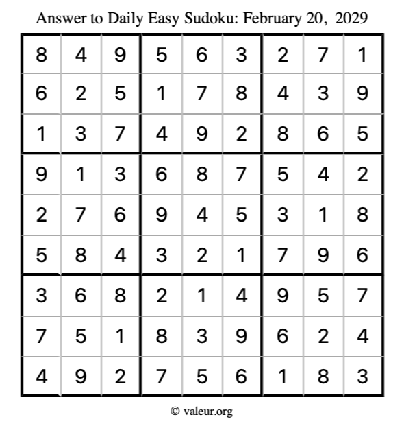 Answer to easy sudoku February 20, 2029