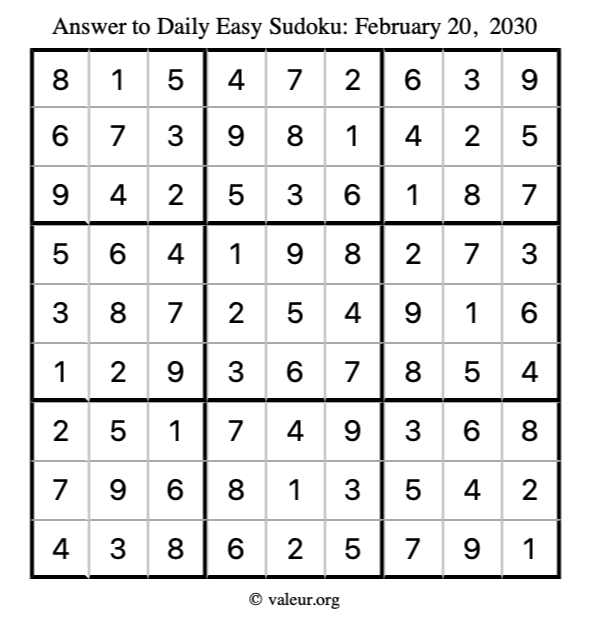 Answer to easy sudoku February 20, 2030