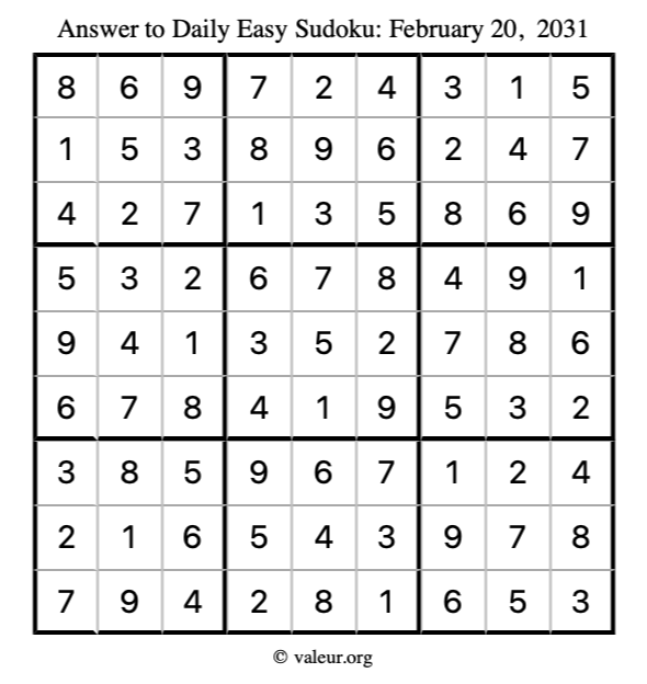 Answer to easy sudoku February 20, 2031