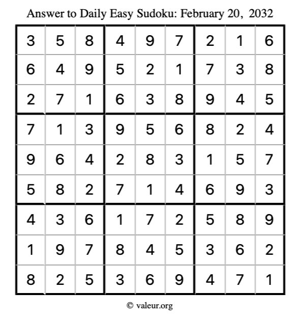 Answer to easy sudoku February 20, 2032