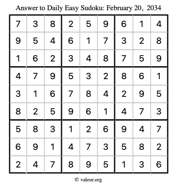 Answer to easy sudoku February 20, 2034