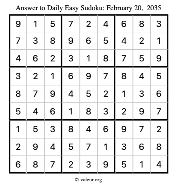 Answer to easy sudoku February 20, 2035