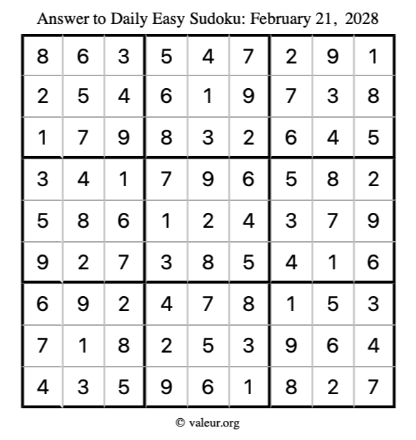 Answer to easy sudoku February 21, 2028