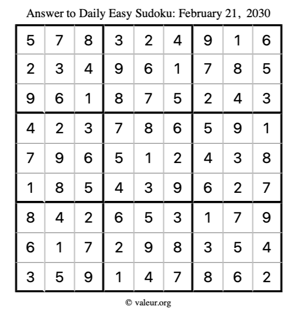 Answer to easy sudoku February 21, 2030