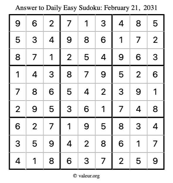 Answer to easy sudoku February 21, 2031