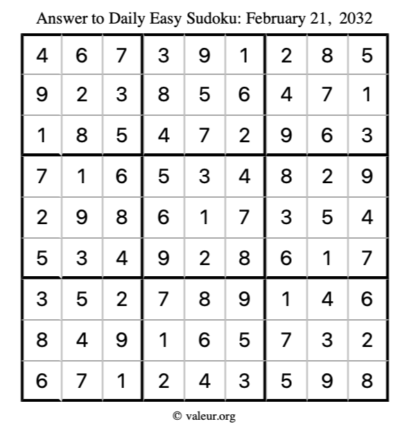 Answer to easy sudoku February 21, 2032