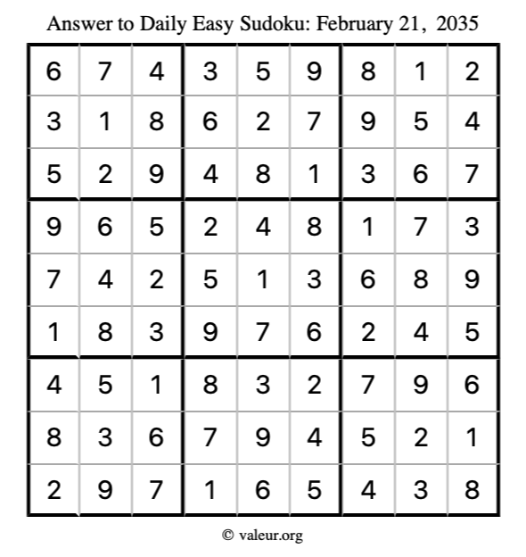 Answer to easy sudoku February 21, 2035