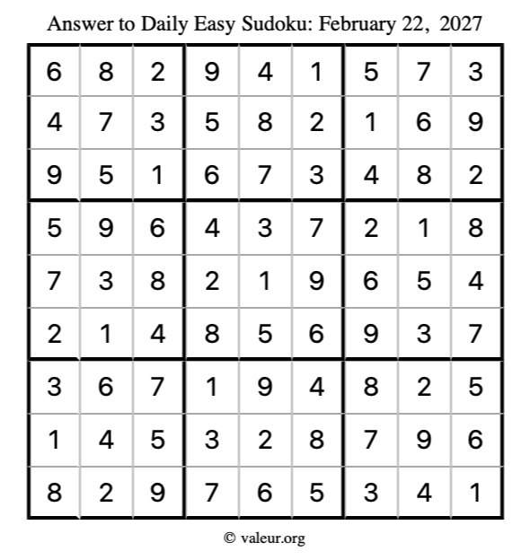 Answer to easy sudoku February 22, 2027