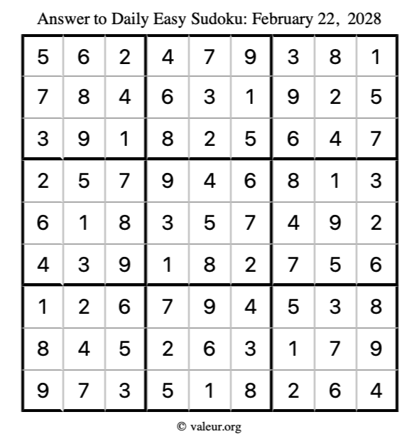 Answer to easy sudoku February 22, 2028
