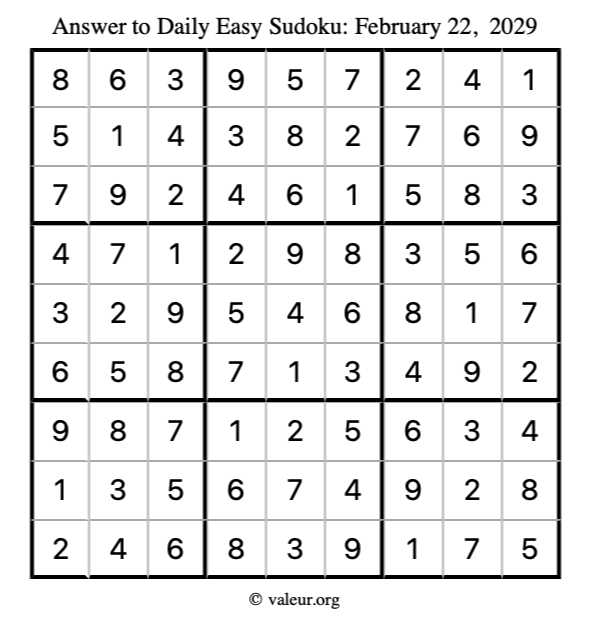 Answer to easy sudoku February 22, 2029