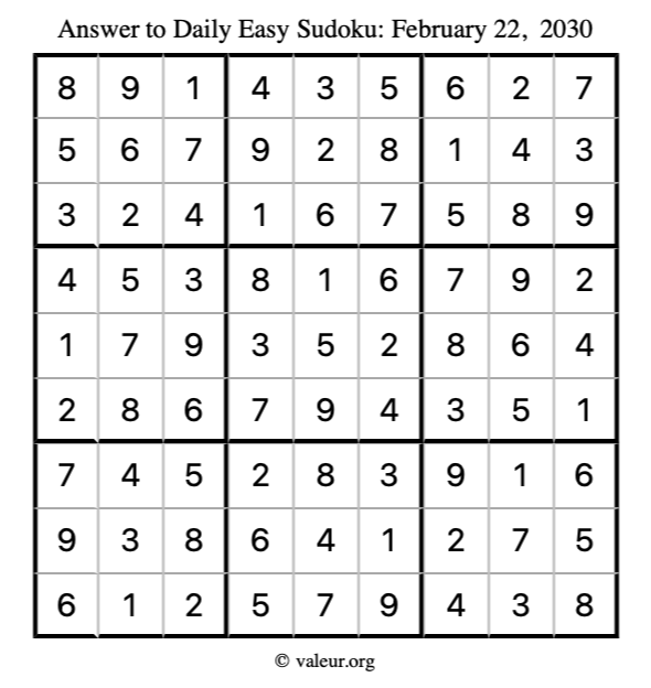 Answer to easy sudoku February 22, 2030