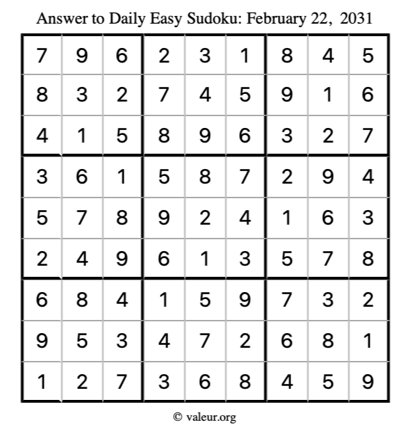 Answer to easy sudoku February 22, 2031