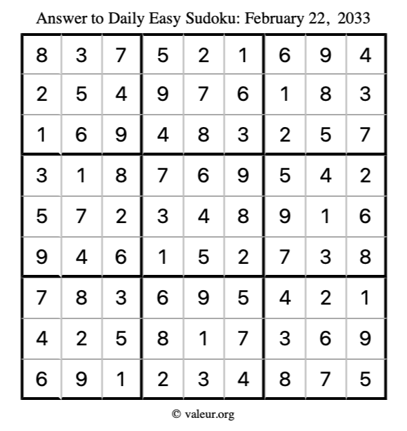 Answer to easy sudoku February 22, 2033