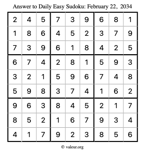 Answer to easy sudoku February 22, 2034
