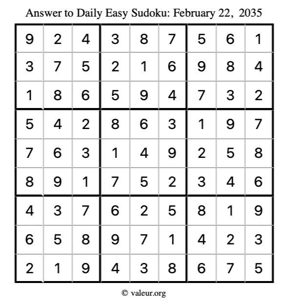 Answer to easy sudoku February 22, 2035