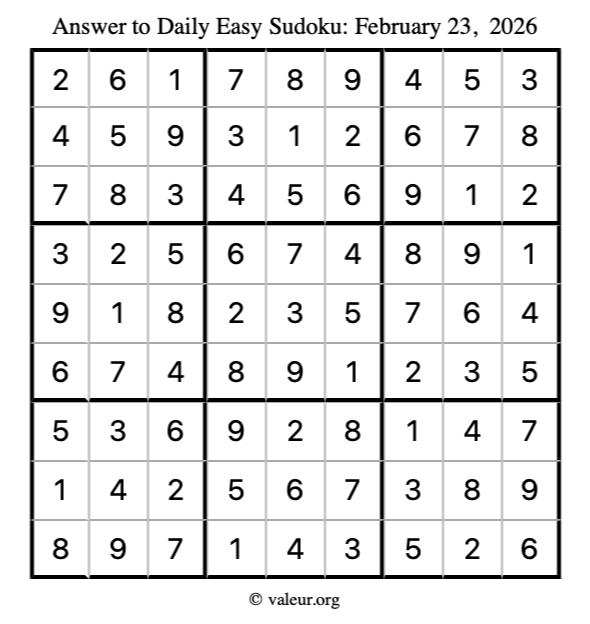 Answer to easy sudoku February 23, 2026